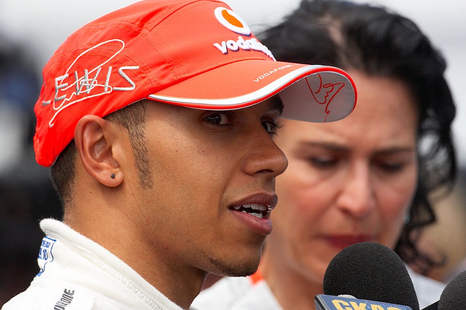 Lewis Hamilton, McLaren Mercedes, gives interviews his pole position