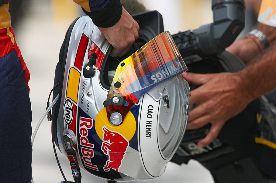 An inscript on Jaime Alguersuari's helmet honours the tragically lost Henry Surtees in a fatal accident one week before