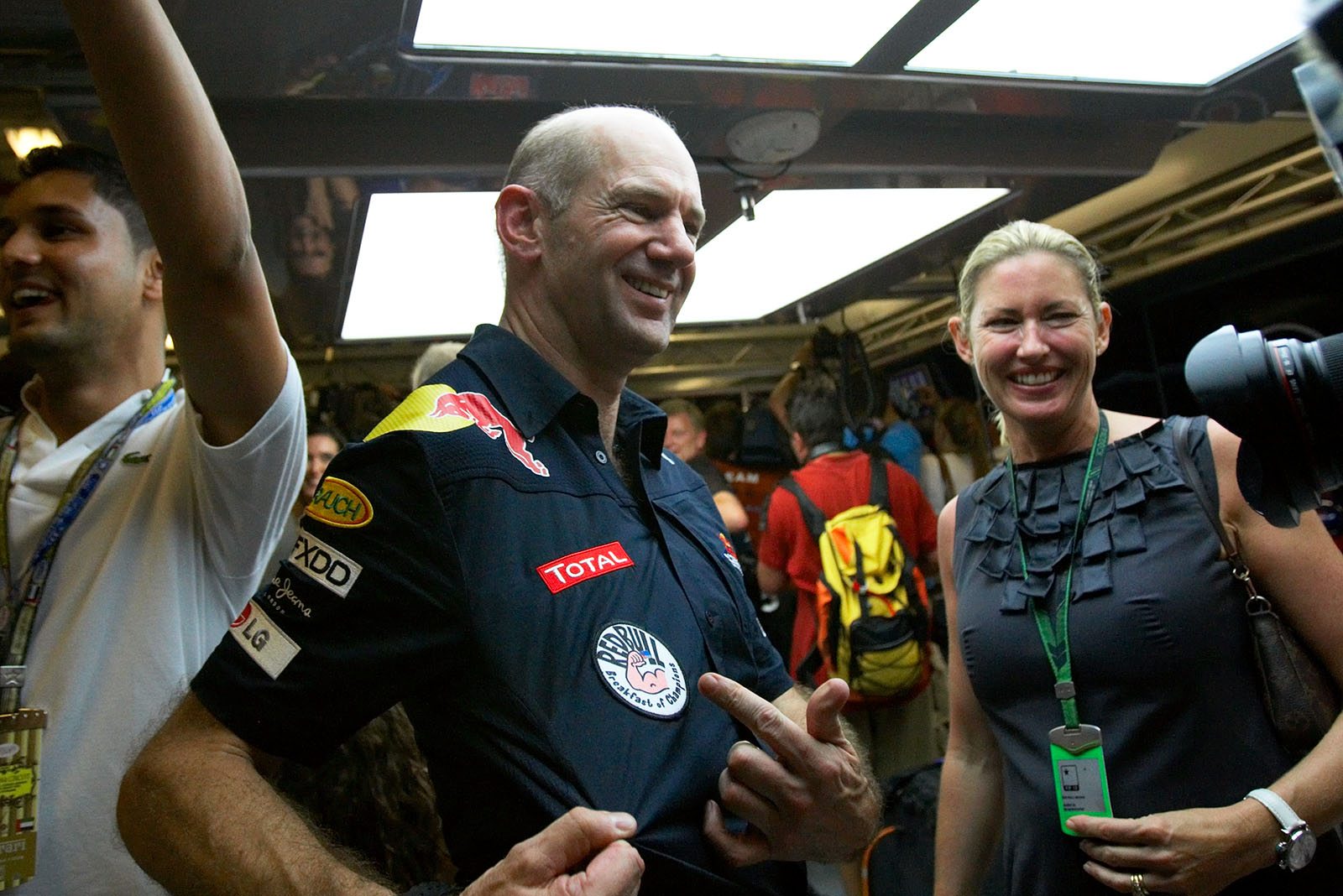 Red Bull Racing's chief designer Adrian Newey presents his sticker 'Red Bull: Breakfast of Champions'