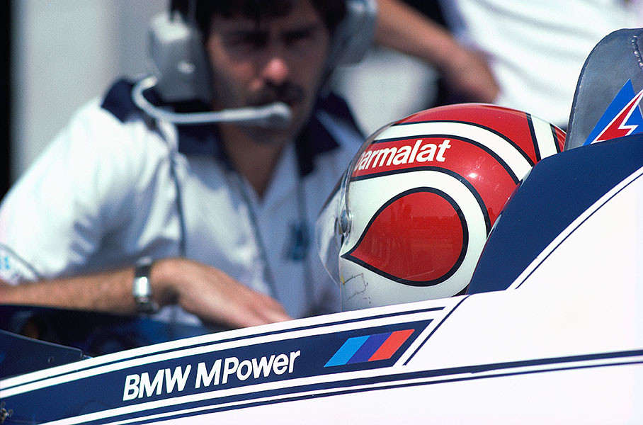 Brabham's Nelson Piquet talks with engineer Gordon Murray