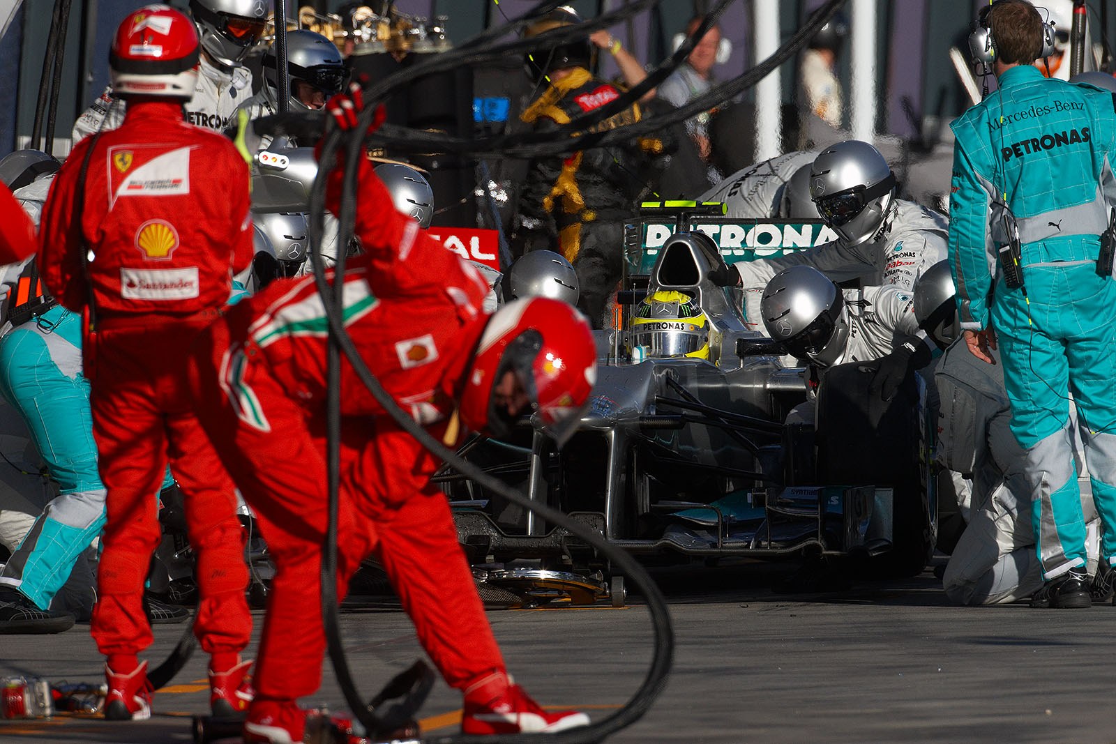 Nico Rosberg receives fresh tyres at Mercedes GP pits