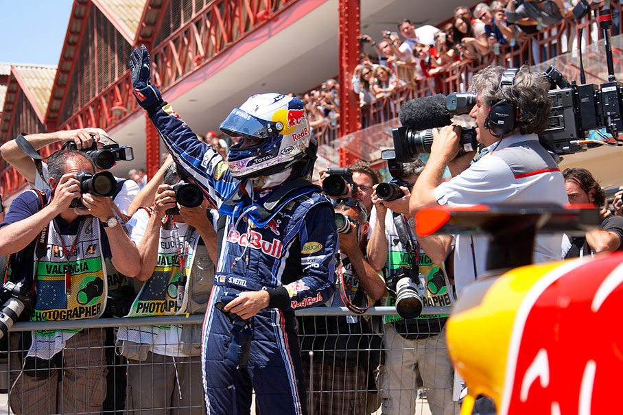 Sebastian Vettel, Red Bull Racing, celebrates his pole position in parc ferme
