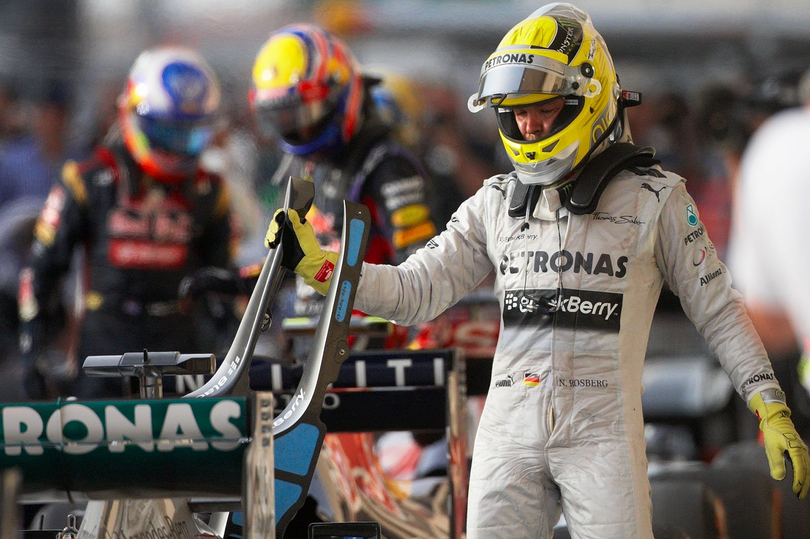 Former pole setter and short race leader Nico Rosberg of Mercedes GP arrives in parc ferme on 9th position
