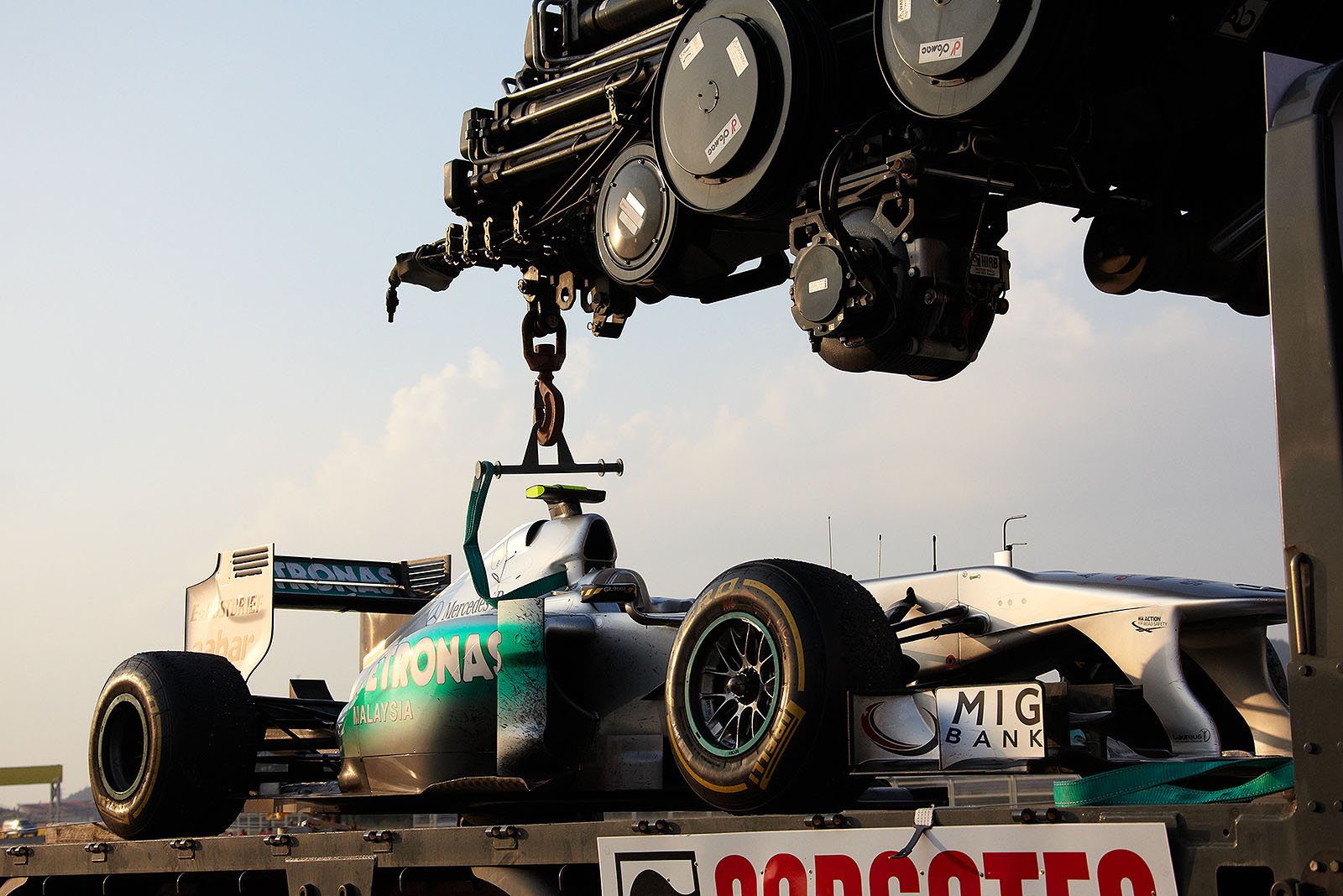 Rosberg's Mercedes car is being returned to pits after the Korean GP