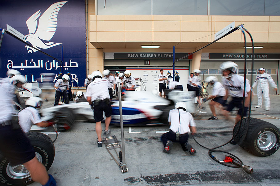 The BMW Sauber F1 pit crew practises pit stops