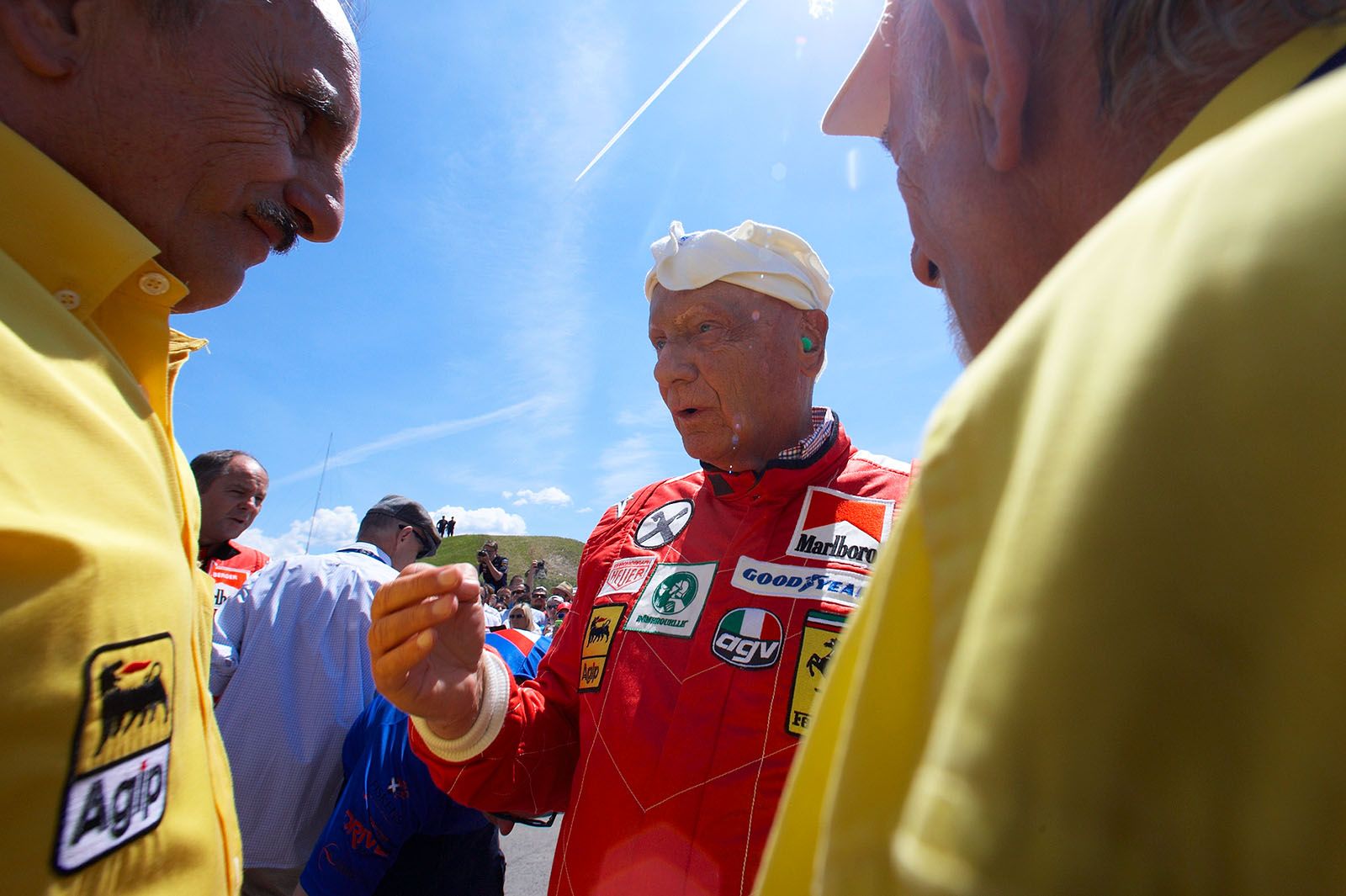 Niki Lauda looking younger than ever in his remastered 1976 Ferrari overal