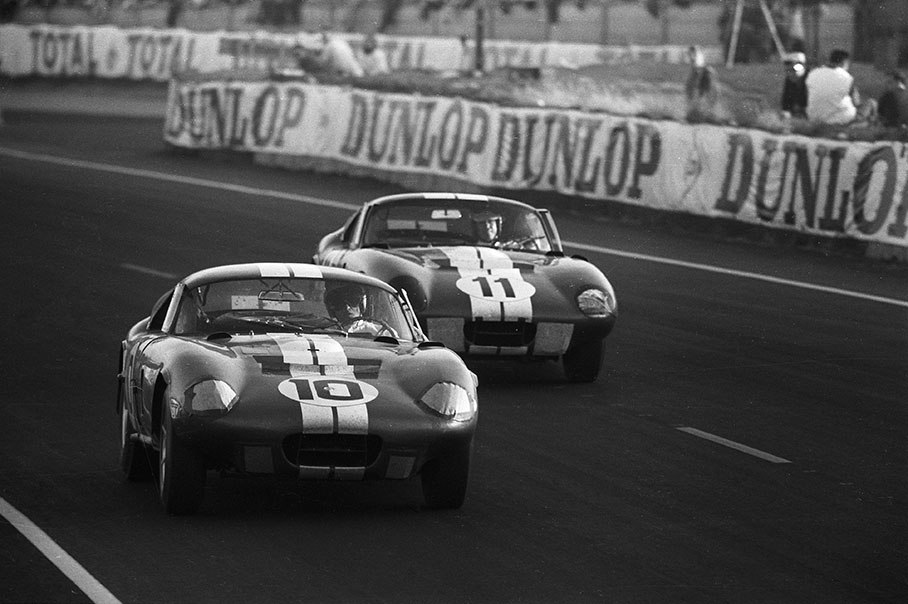 Bob Johnson (USA) and Tom Payne (USA) on Shelby Cobra Daytona Coupe CSX2287 (car no. 10) lead the later 8th overall placed Shelby Cobra Daytona Coupe CSX2299 (car no. 11) driven by Jack Sears (GB) and Dick Thompson (USA) which becomes first placed in the GT5.0 group