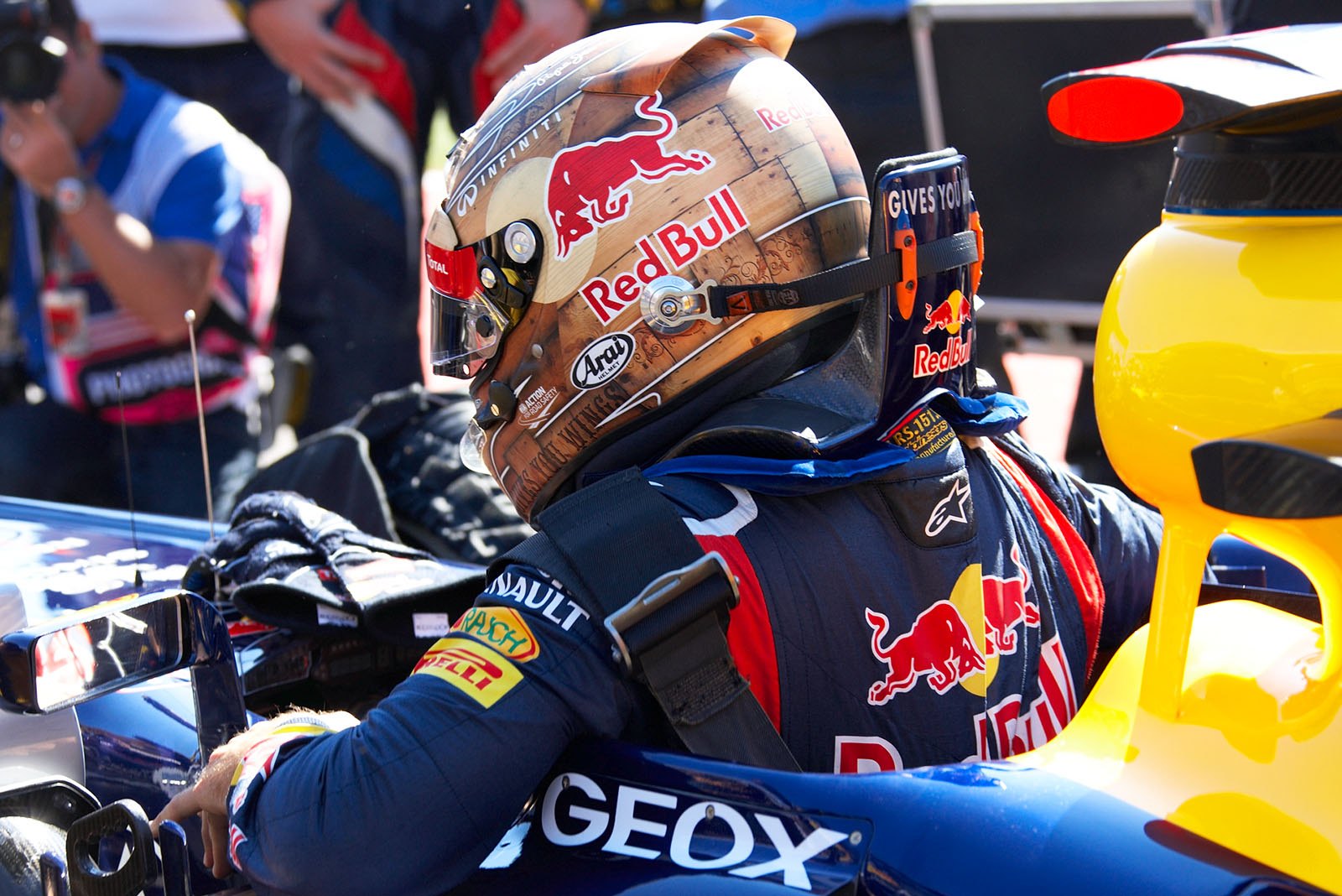 Sebastian Vettel, Red Bull Racing, gets out of his race car at the grid