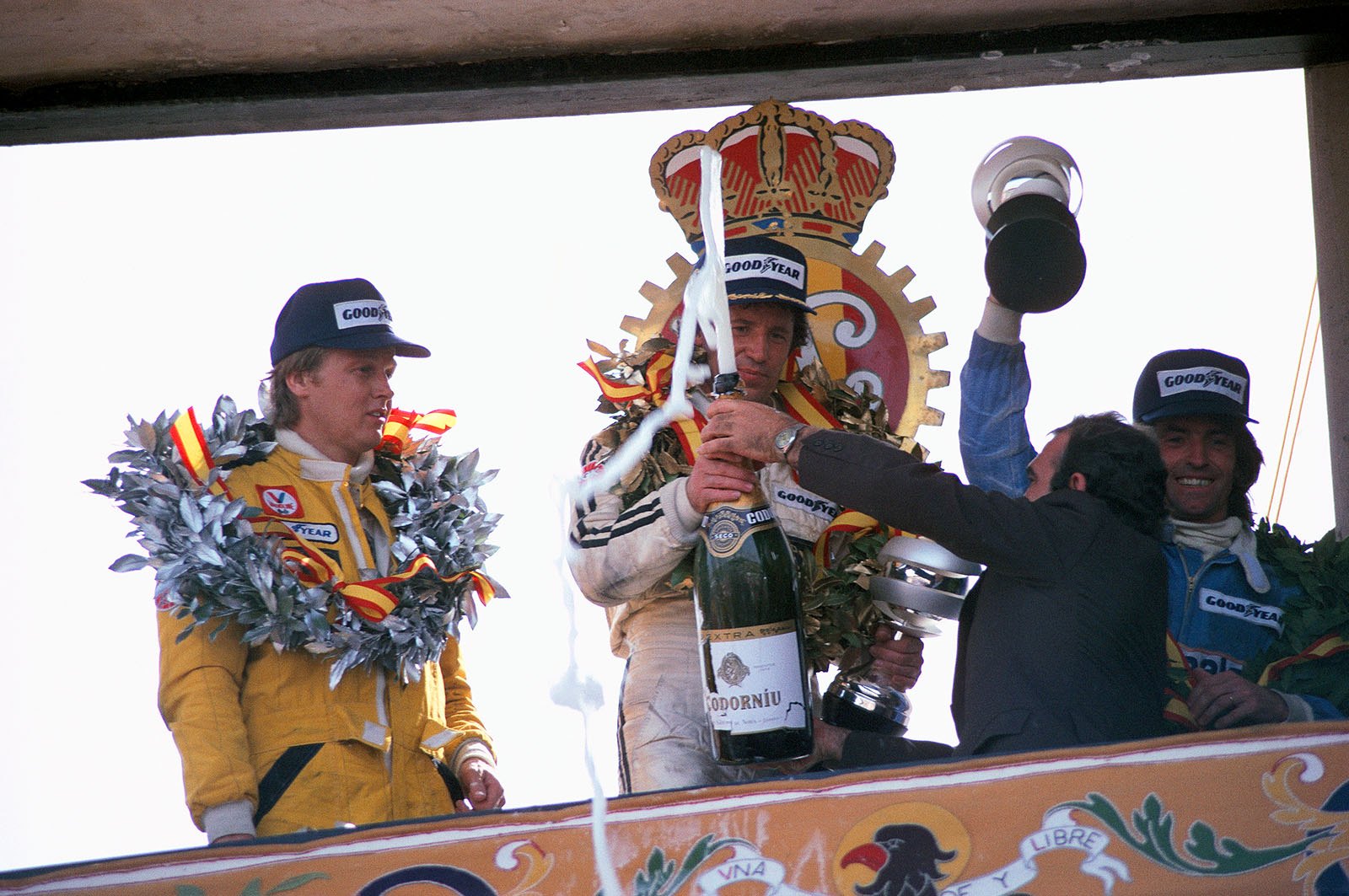 The 2nd 1-2 victory of the season for Lotus, with winner Mario Andretti, 2nd Ronnie Peterson and Ligier driver Jacques Laffite as 3rd, Spanish Grand Prix, Jarama, 1978