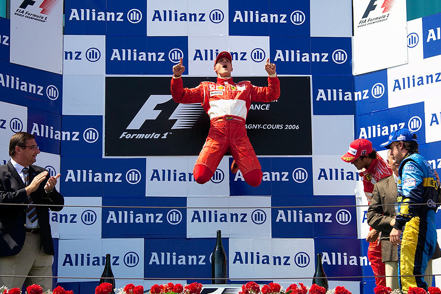 Michael Schumacher performing his podium jump