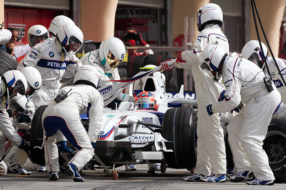 Pit stop of BMW Sauber driver Robert Kubica in lap 17