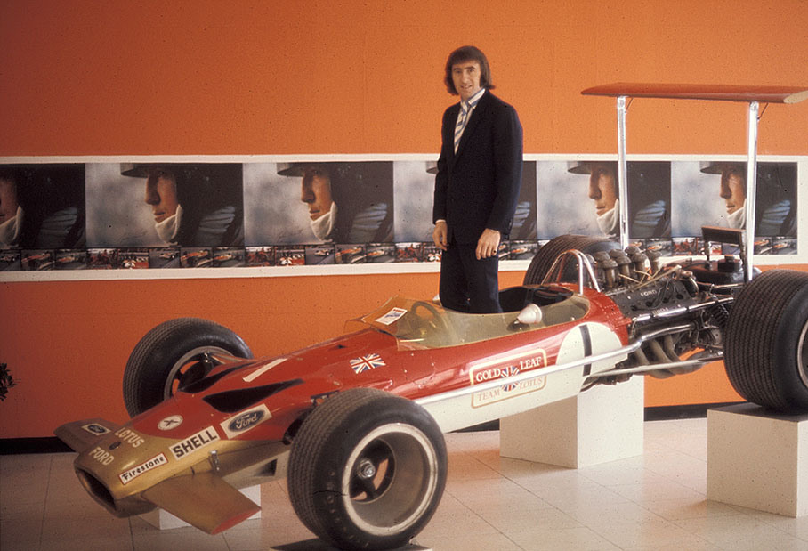 Jackie Stewart presents a Lotus-Cosworth 49 with high rear wings during the Jochen Rindt Car Show 1969
