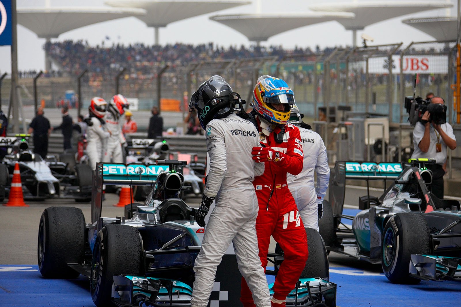 Rosberg and Alonso just after the Chinese Grand Prix, Shanghai, 2014