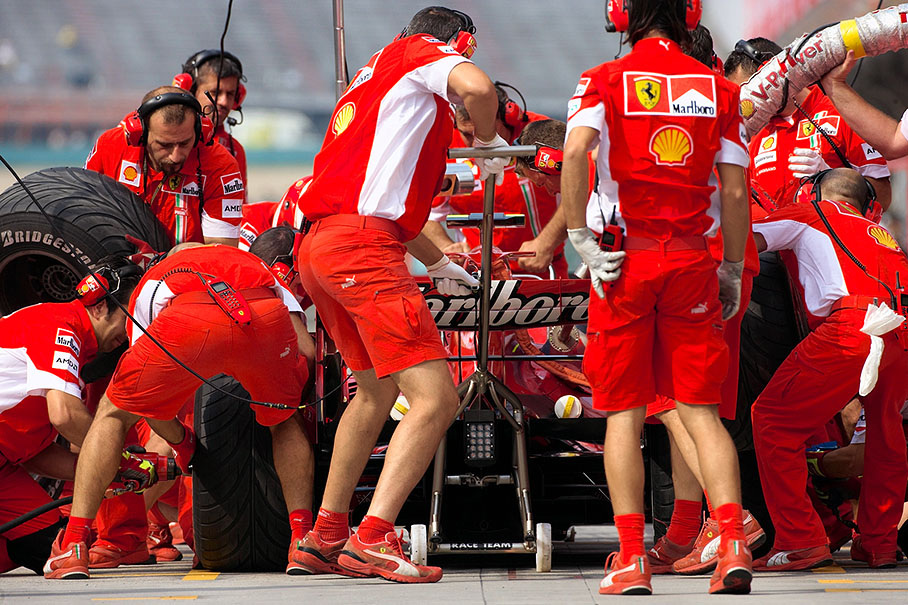 Ferrari pit crew performs a practice pit stop ballet