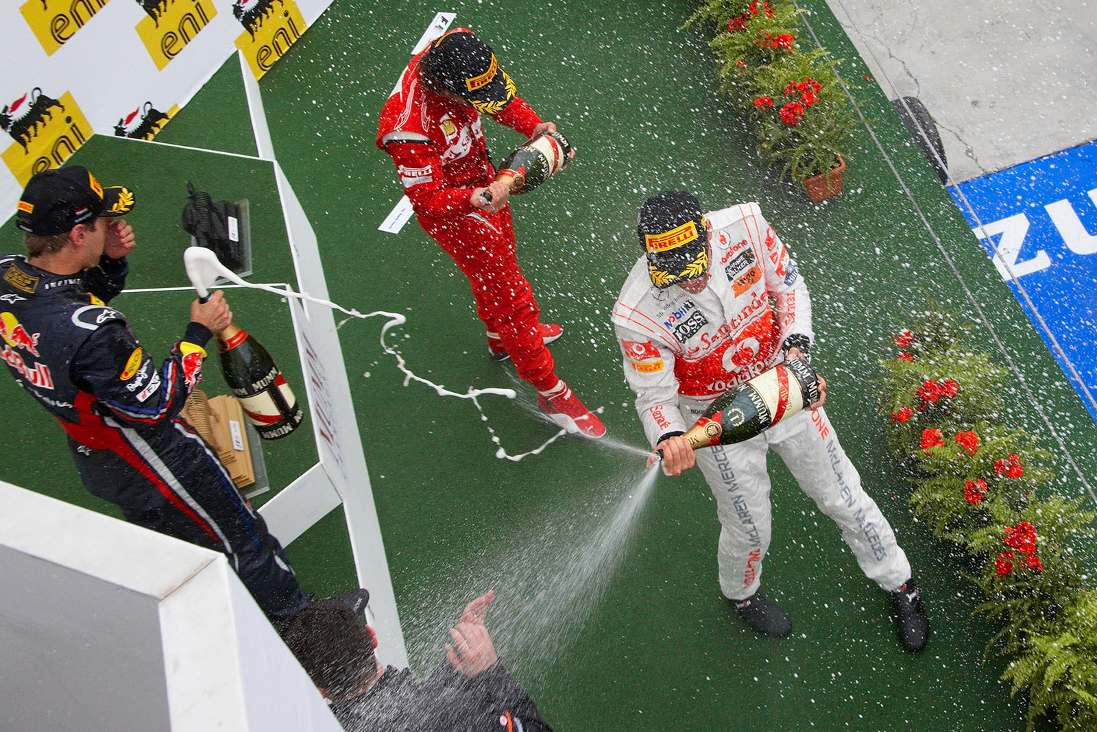Champagne showers on the Hungarian podium