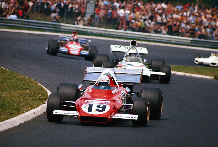 Italien Ferrari driver Arturo Merzario, followed by Redman (McLaren) and Lauda (March), German Grand Prix, Nurburgring, 1972