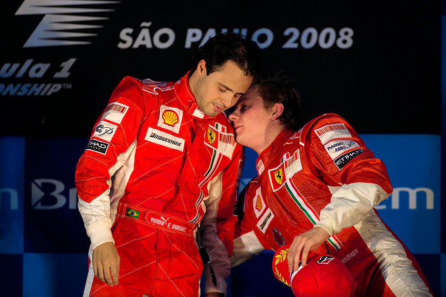Waygiving former World Champion Raikkonen soothes a disenchanted title contender Massa on the podium