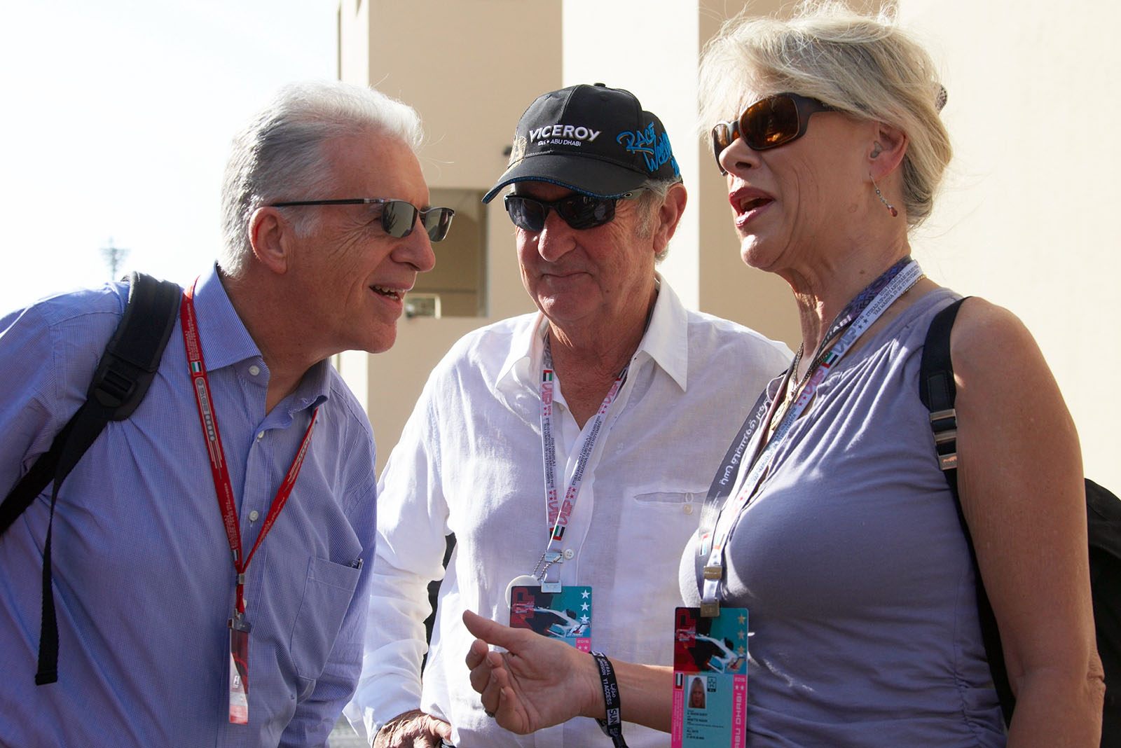Piero Lardi Ferrari with Nick Mason (next to him his wife Annette Lynton), former Pink Floyd drummer and a motorsports fan, Abu Dhabi Grand Prix, 2016