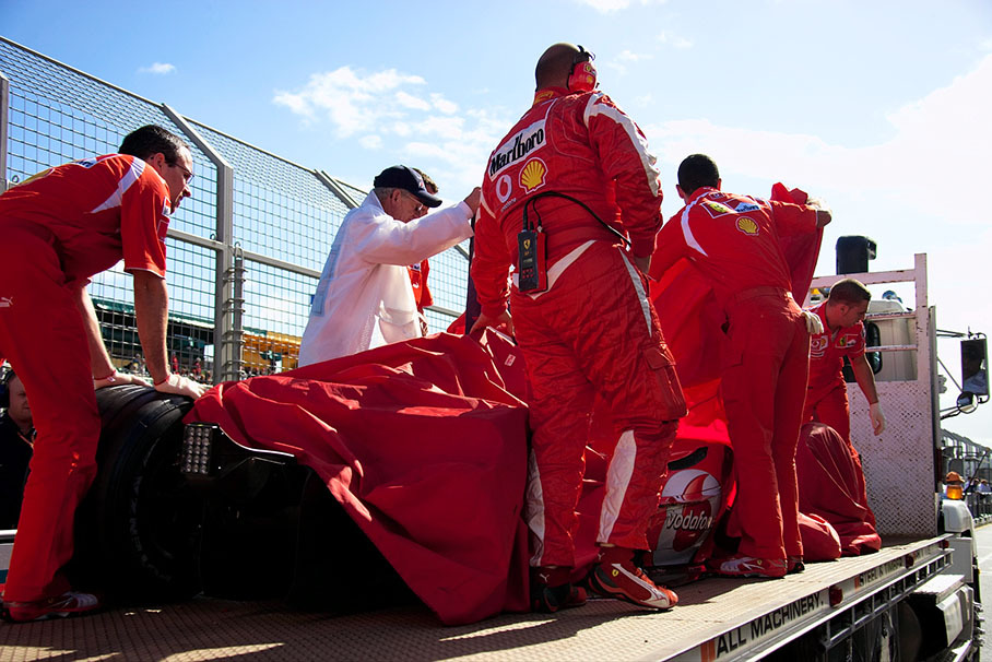 Felipe Massa's Ferrari back to the pits after his accident during the qualifying session Saturday afternoon