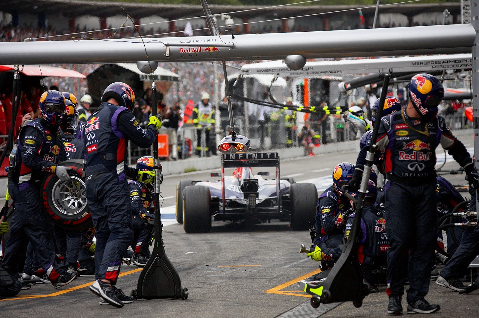 Sebastian Vettel, Red Bull-Renault, after his pit stop, Hockenheim, German Grand Prix, 2014