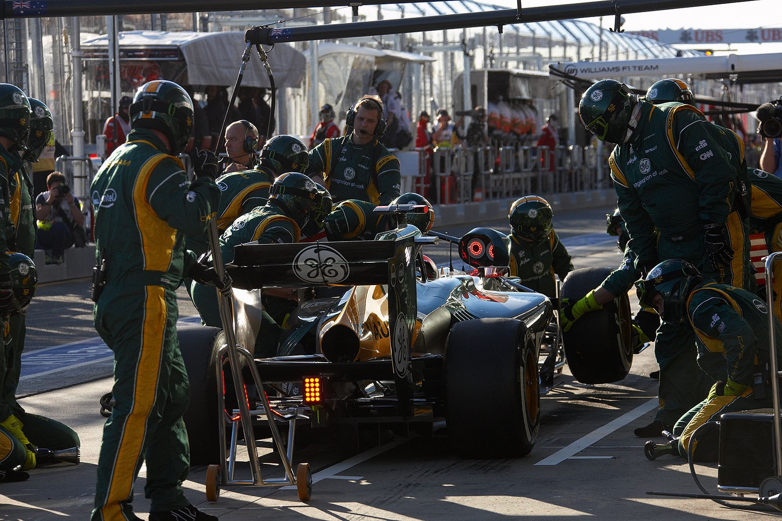 Heikki Kovalainen has to retire with a front left suspension problem on his Caterham-Renault