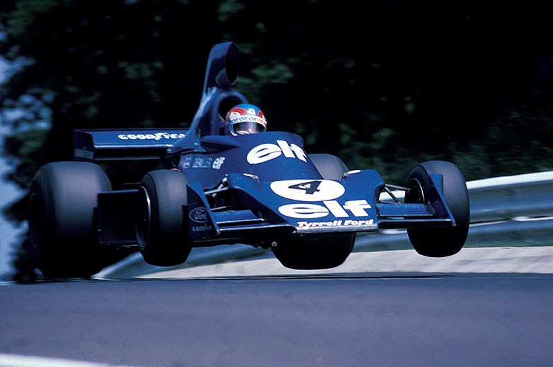 Patrick Depailler jumps with the Tyrrell-Cosworth 007, German GP Nuerburgring 1975