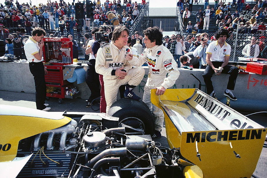 French drivers Rene Arnoux and Alain Prost chat on the grid before the United States West Grand Prix in Long Beach 1981