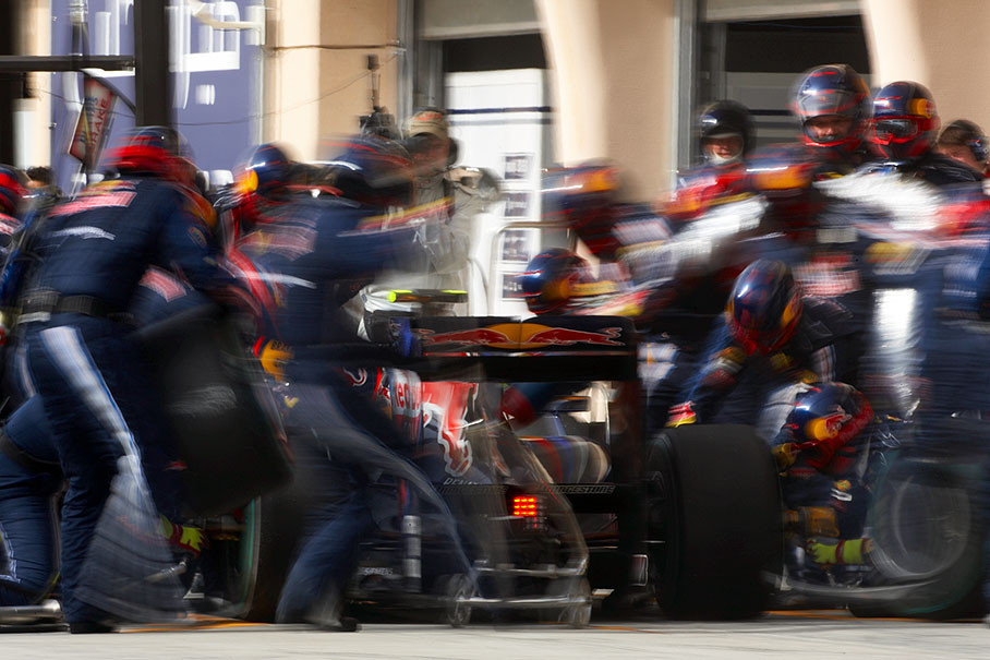 Sebastian Vettel stops at Red Bull Racing pits