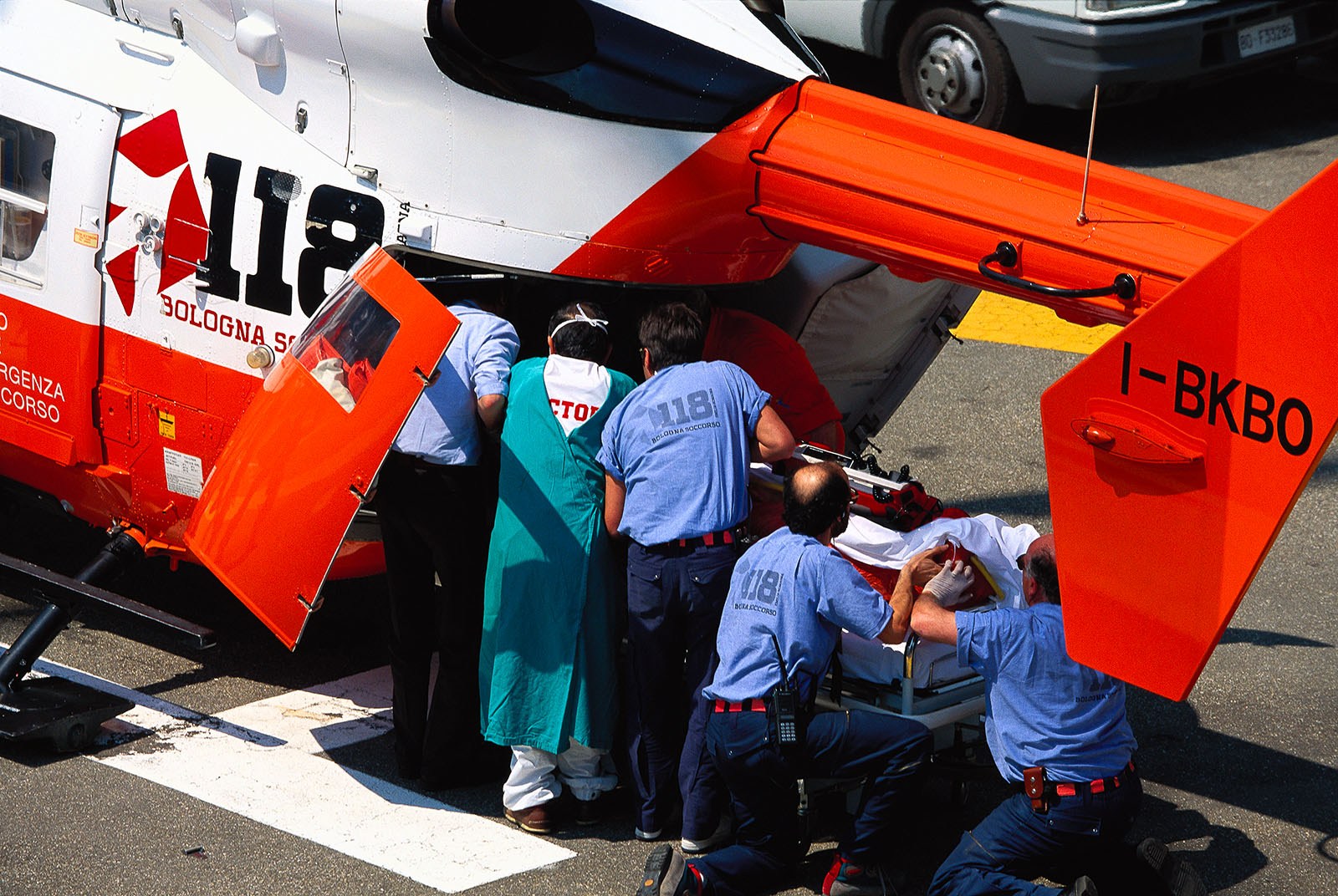 The body of Roland Ratzenberger is being put on a medical helicopter after he died in a crash during the black weekend in Imola.