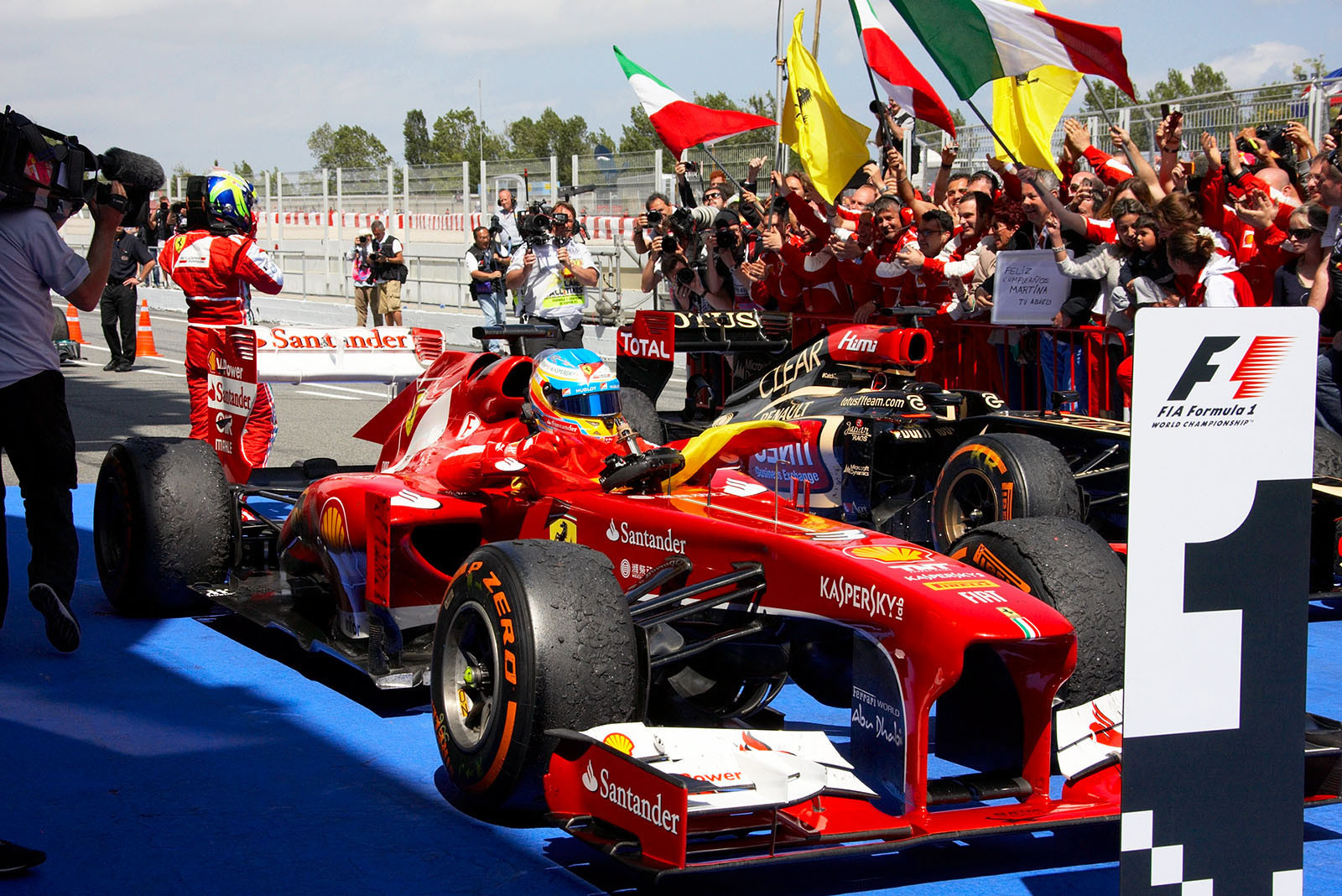 Spaniard Fernando Alonso, race winner for Ferrari, has just parked his car in parc ferme, Spanish Grand Prix, Barcelona, 2013