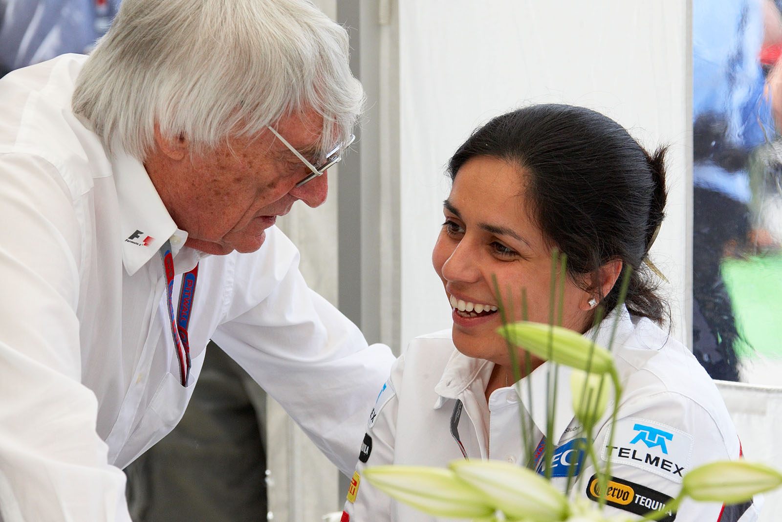 Bernie Ecclestone congratulates Sauber CEO Monisha Kaltenborn subsequently to her 41st birthday