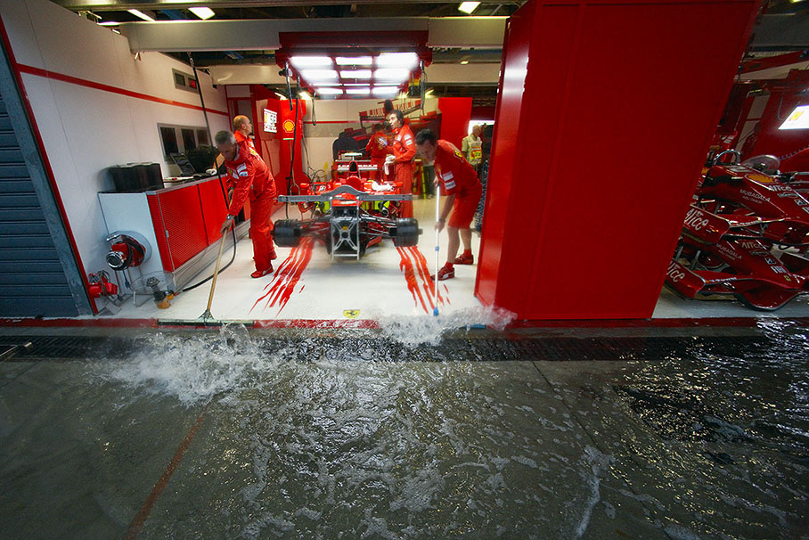 Water masses are being swept out of Ferrari pits