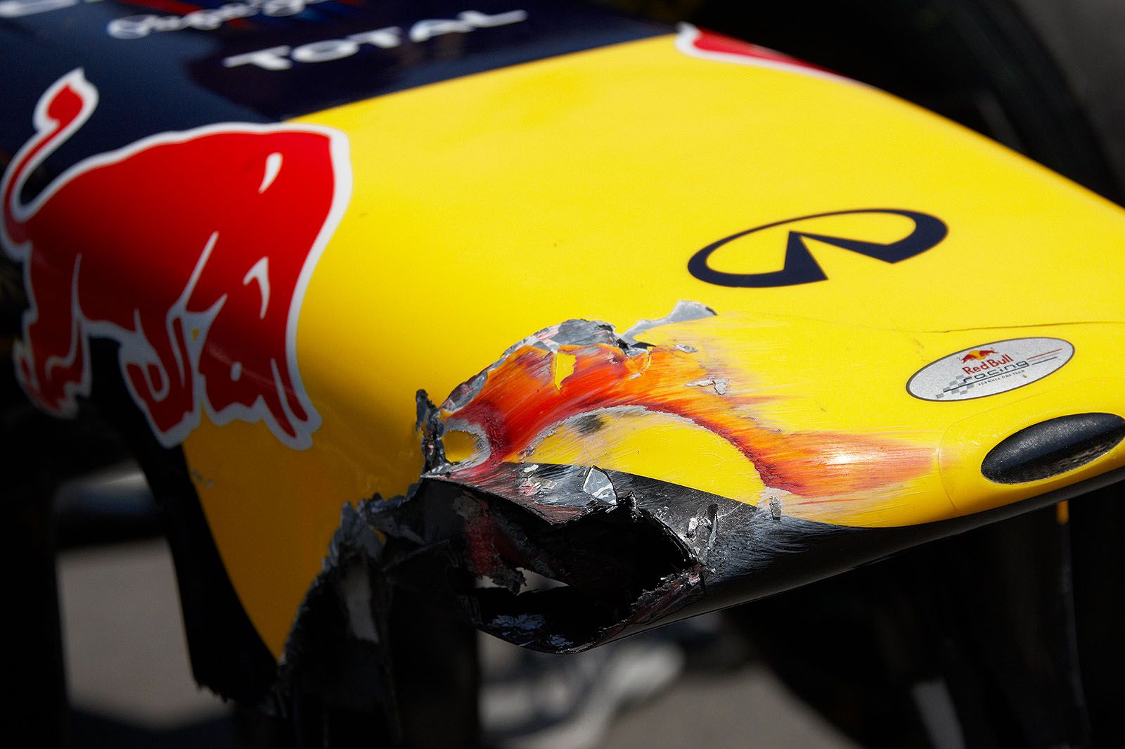 Sebastian Vettel's damaged nose cone of the Red Bull-Renault