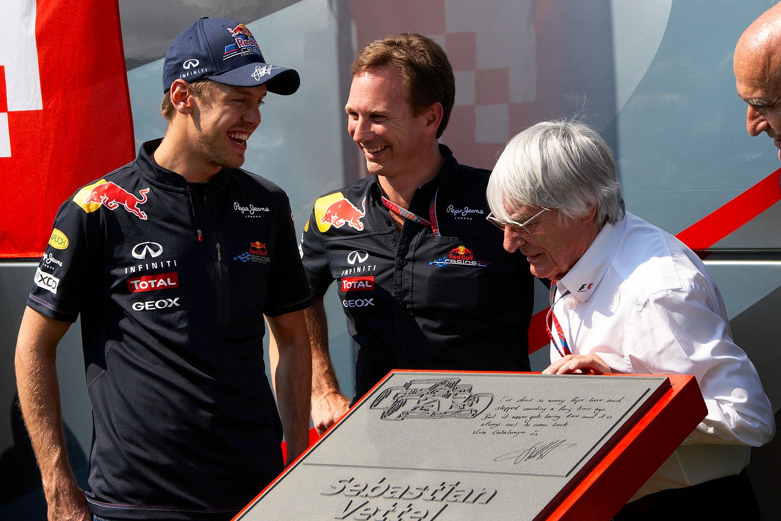 Sebastian Vettel (Red Bull Racing), Christian Horner and Bernie Ecclestone revealing Vettel's plaquette at Circuit de Catalunya.