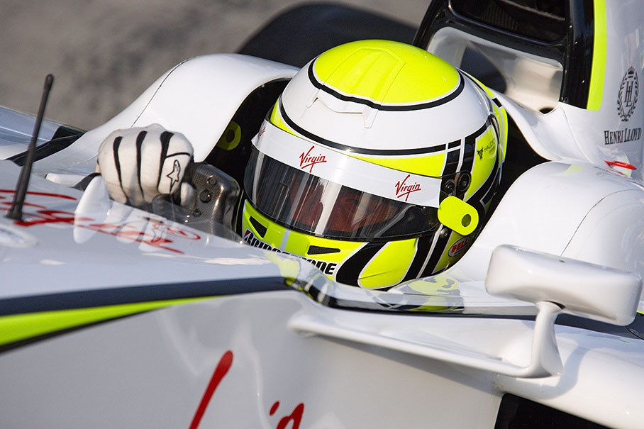Close-up of Jenson Button steering