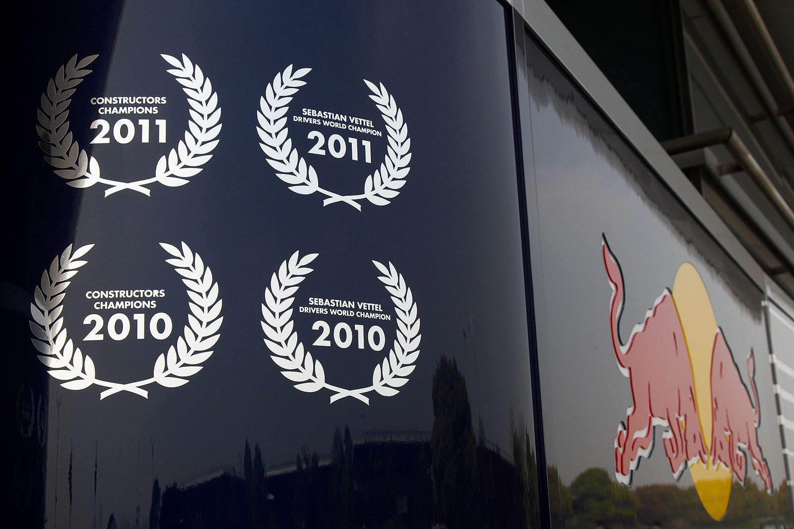 Sebastian Vettel's earnings are displayed on the Red Bull motorhome