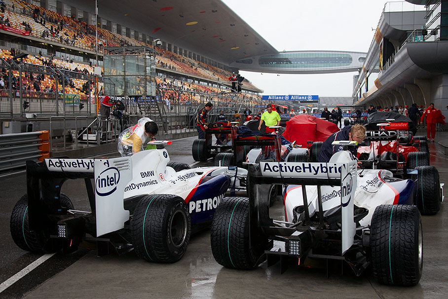 Parc ferme after a wet race