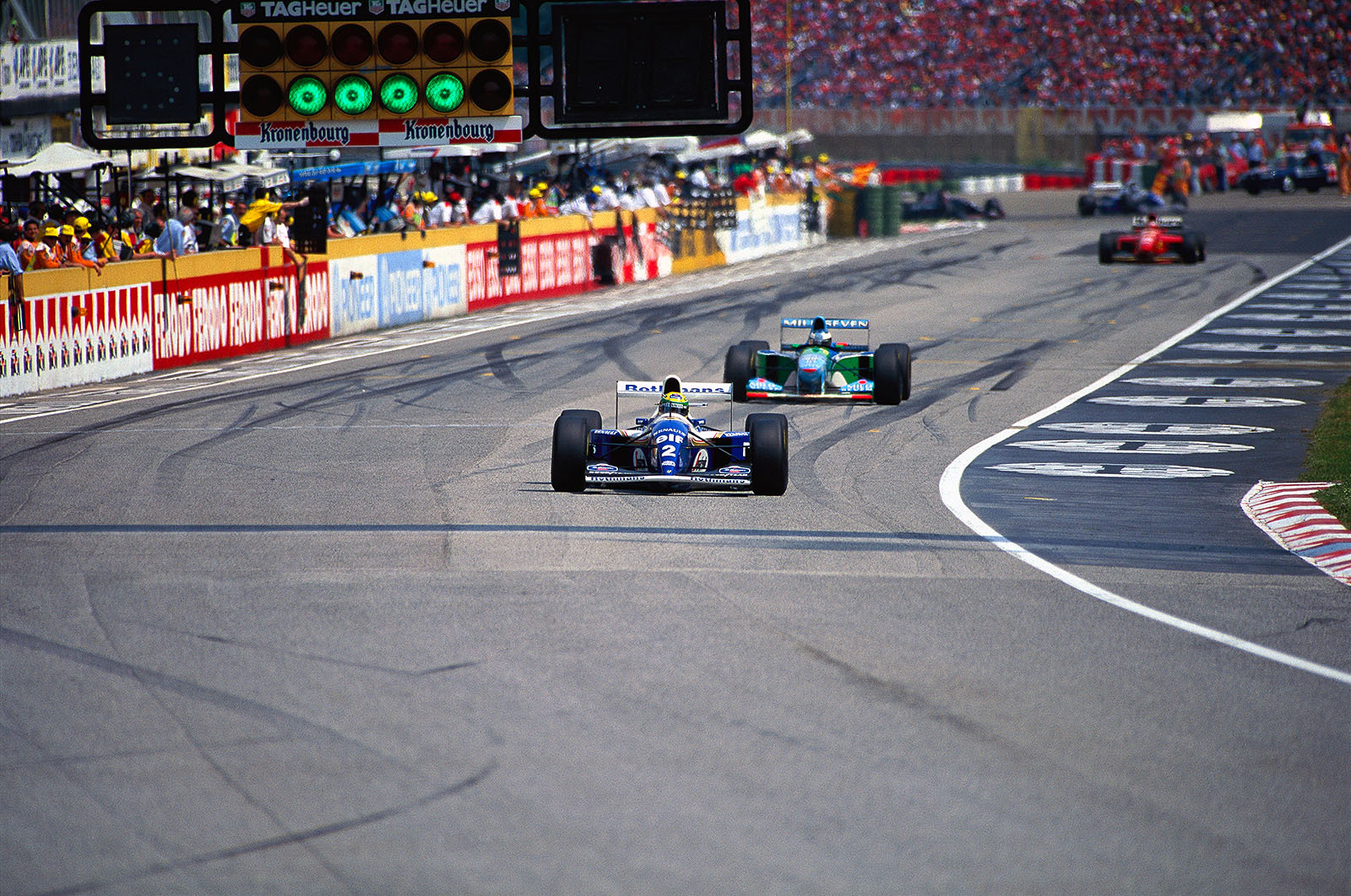 The race has been restarted, Ayrton Senna, Williams-Renault, leads Schumacher and Berger, Imola, San Marino Grand Prix, 1994
