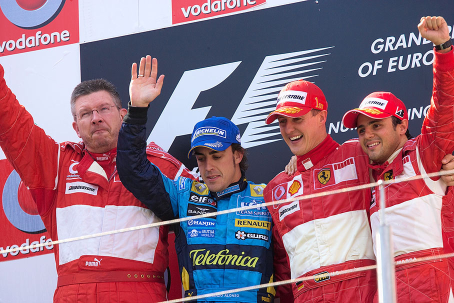 Ross Brawn, Fernando Alonso, Michael Schumacher and Felipe Massa