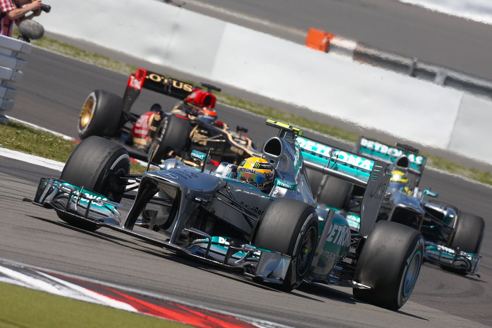 Lewis Hamilton, Mercedes GP, in front of team mate Rosberg and Raikkonen