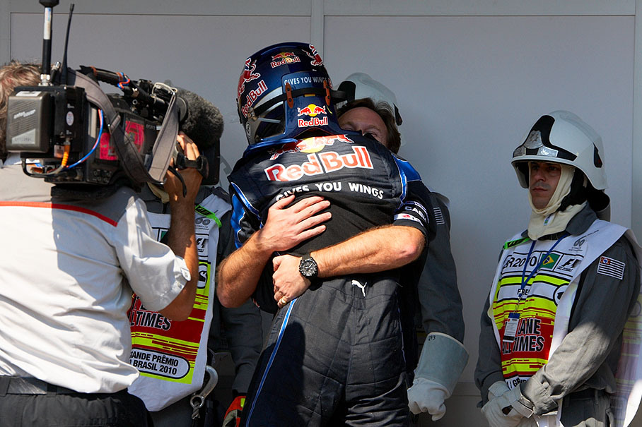 Race winner Sebastian Vettel celebrates with Red Bull Team boss Christian Horner in parc ferme