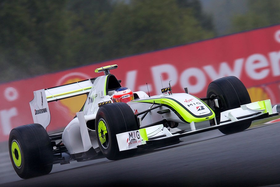 Rubens Barrichello on a Brawn Grand Prix Mercedes during a rainy Friday morning practice