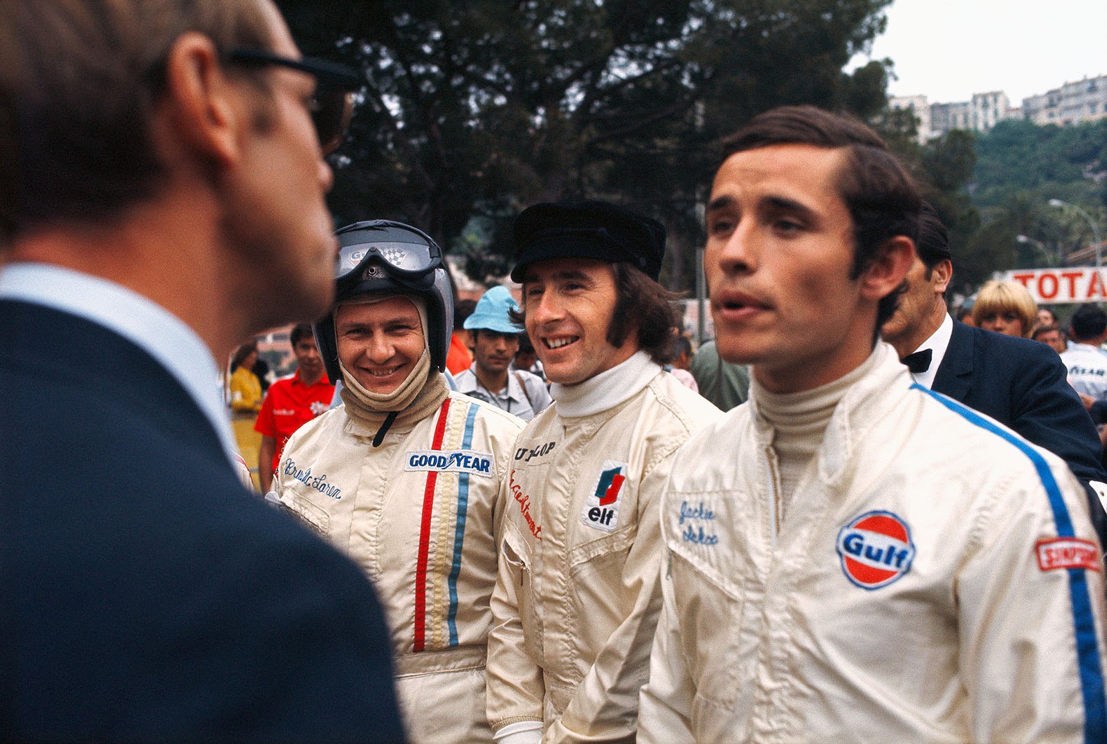 From left to right: Bruce McLaren, Jackie Stewart and Jacky Ickx at drivers briefing, Monaco Grand Prix, 1969