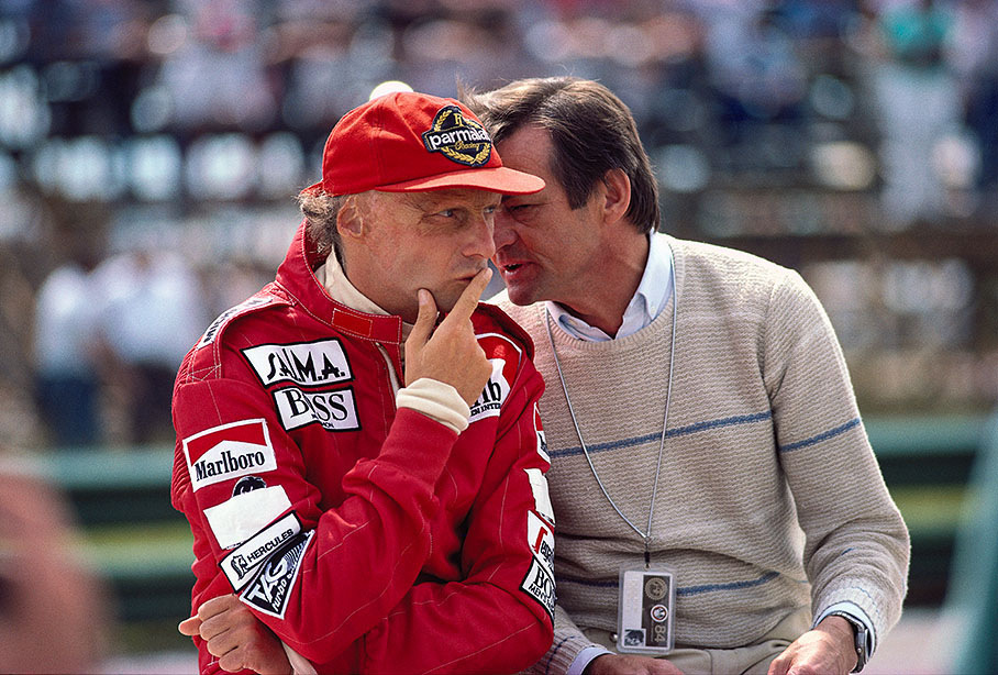 McLaren driver Niki Lauda with Porsche's engine designer Hans Mezger