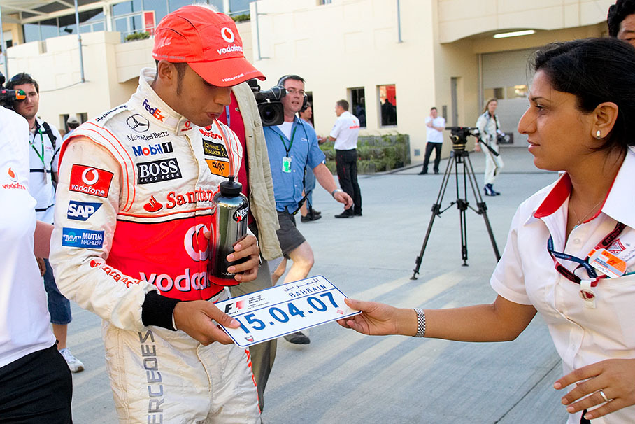 Lewis Hamilton takes a souvenir