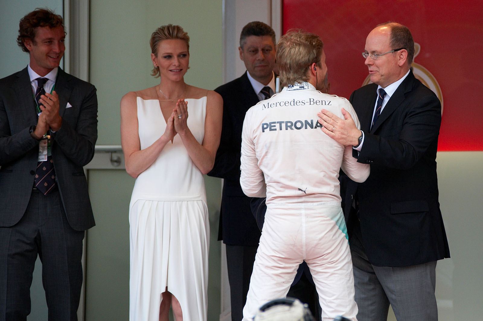 Race winner Nico Rosberg, Prince Albert, Charlene and Pierre Casiraghi, Monte Carlo Grand Prix, 2015