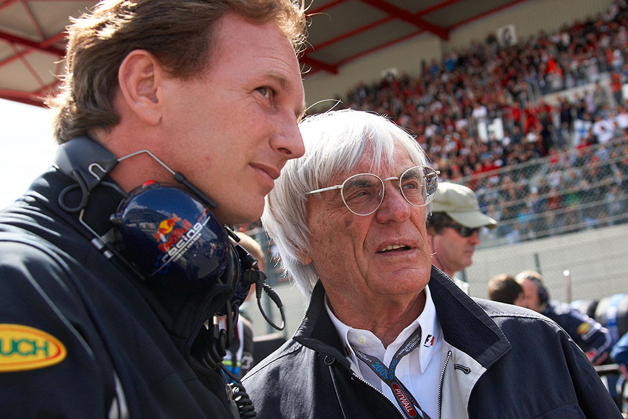 Bernie Ecclestone talks on the grid with Red Bull Racing team principal Christian Horner