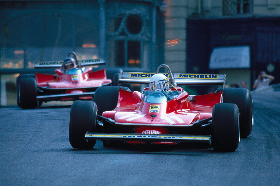 Jody Scheckter leads his Ferrari teammate Gilles Villeneuve through the Casino square into Mirabeau at the Monaco GP 1979.