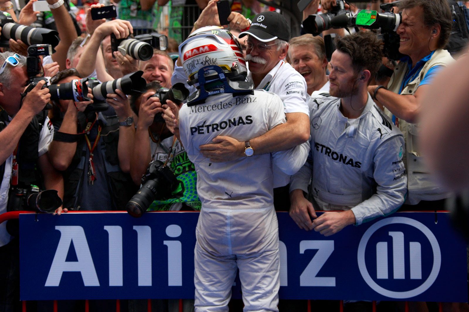 Mercedes Chairman Dieter Zetsche celebrates yet another Grand Prix victory with his top driver Lewis Hamilton, Spain, Barcelona, 2014