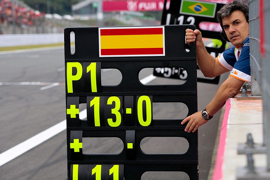 Alonso's physio Fabricio Borra signals position 1 with the pitboard